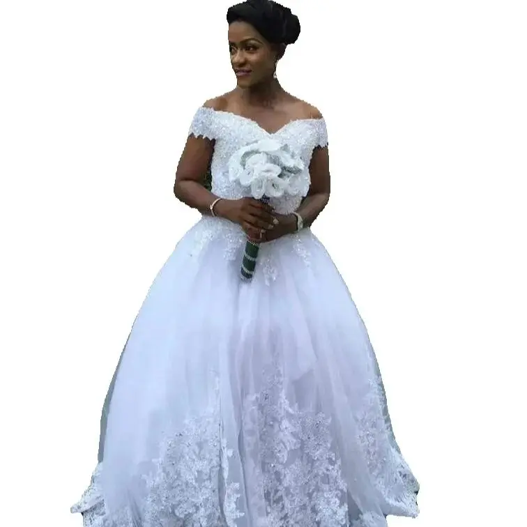 

Customized Pretty Off Shoulder Plus Size Lace Wedding Dresses Beaded Custom Formal Vestido De Novia