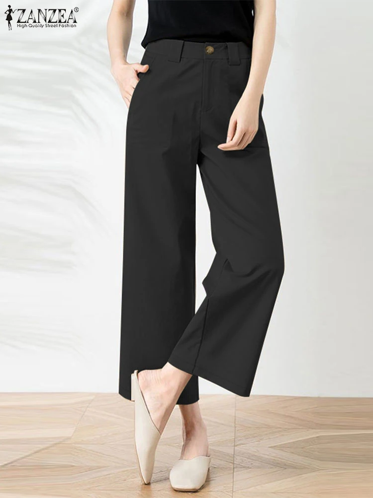 ZANZEA 2024 ฤดูใบไม้ร่วงเดินทาง Pantalon Office Lady Elegant สีทึบกางเกงเอวสูงสวมใส่ทุกวันผู้หญิงกางเกงหลวมๆ