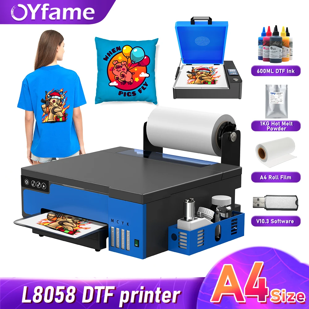 

OYfame A4 L8058 DTF Printer For Epson XP600 DTF Printer with Roll Feeder Transfer Printing Machine A4 with White Stirring System