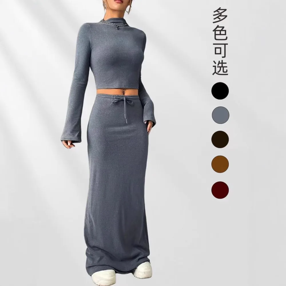 

2026 Новый женский укороченный топ и юбка Y2K, комплект с рукавами-колокольчиками, пуловер с высокой талией, юбка для отдыха, 5 вариантов цвета, наряд из двух предметов