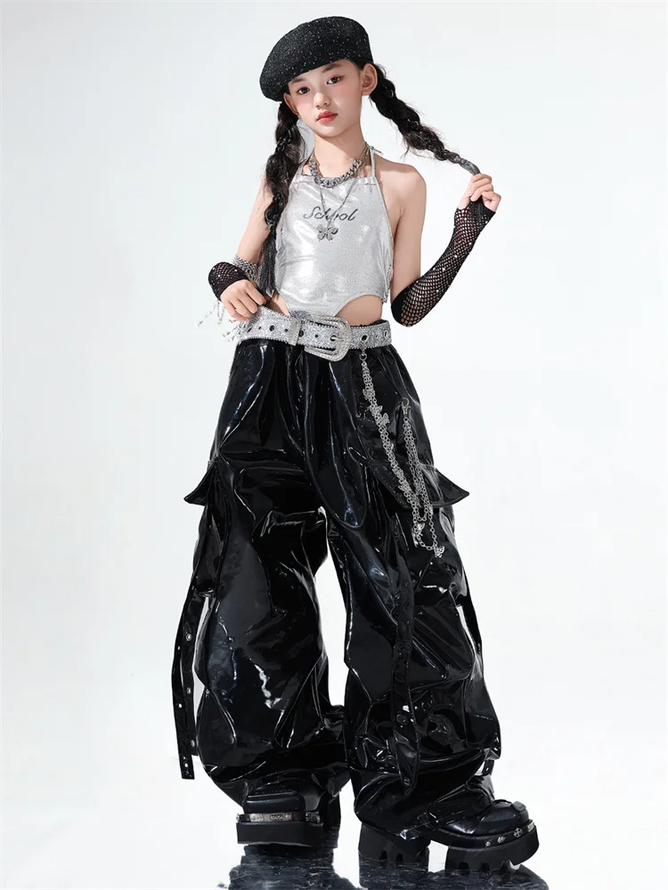 ملابس رقص الجاز الفتيات الفضة المنشعب القمم السراويل الجلدية السوداء الهيب هوب أداء ارتداء الحفل المنصة المرحلة البدلة