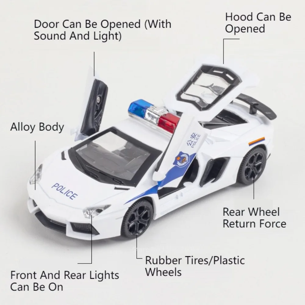 1/32 LP740 Car Model Toy Diecast Alloy Police Cars Sound Light Pull Back Door Can Opened High Simulation Toys Kids Festival Gift