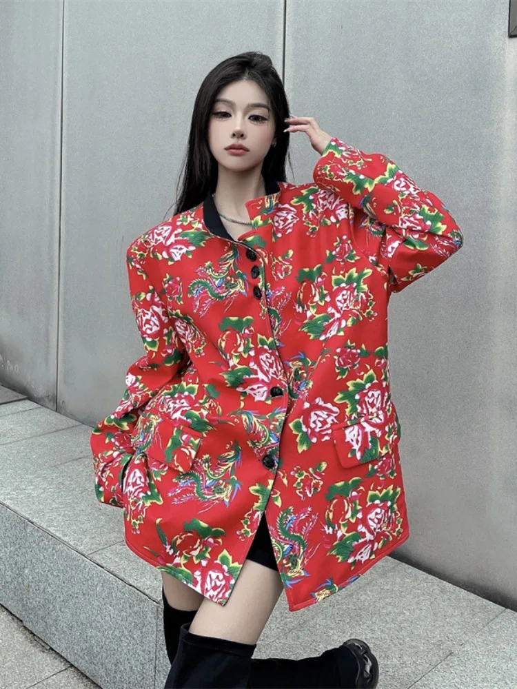 American Vintage Blazer for Women Female Office Lady Autumn Winter Versatile Slimming Top Reversible with Floral Print Design