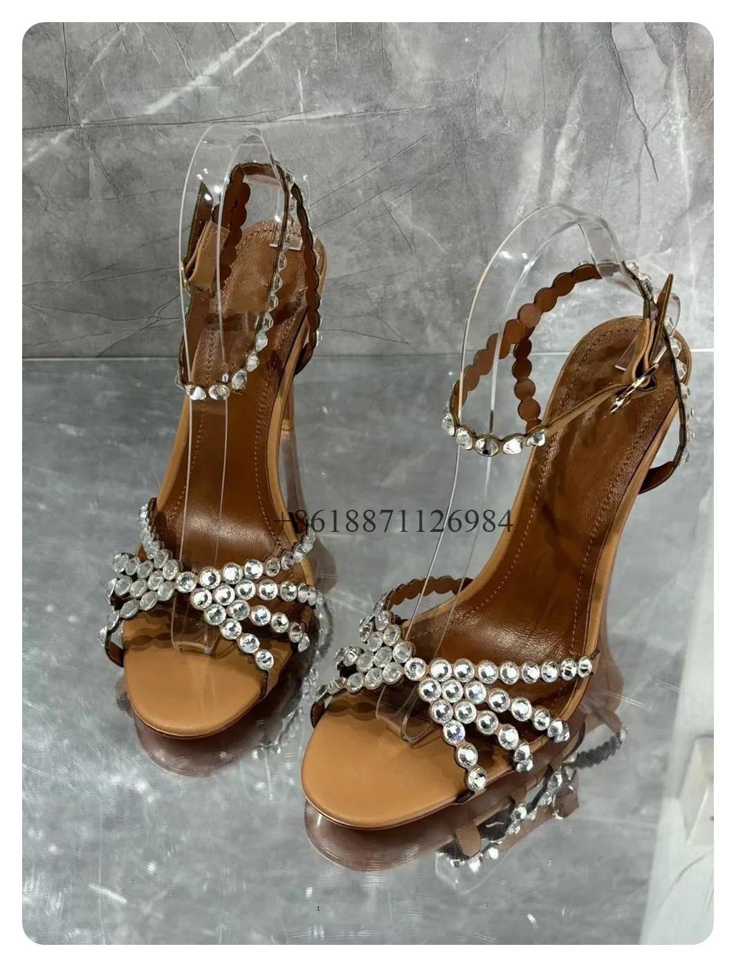 Ankle Strap Bling Rhinestone Peep Toe Summer Women Sandals Stiletto High Heels Buckle Strap Design Large Size Party Shoes