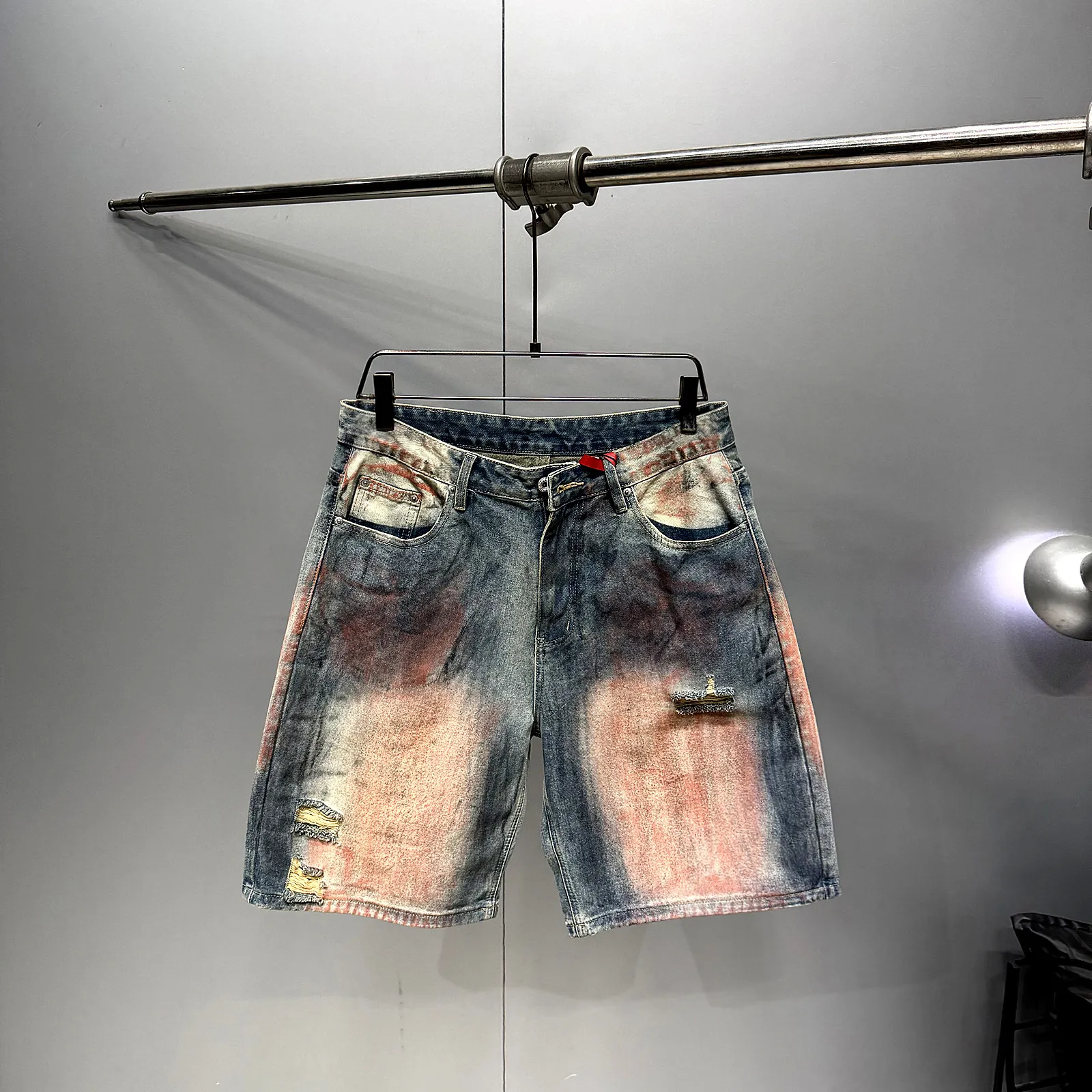 Mens Denim Shorts American Vintage Mud Dye Distressed Ripped Streetwear Hip Hop Straight Fit Bermuda Summer Retro Trendy Jeans