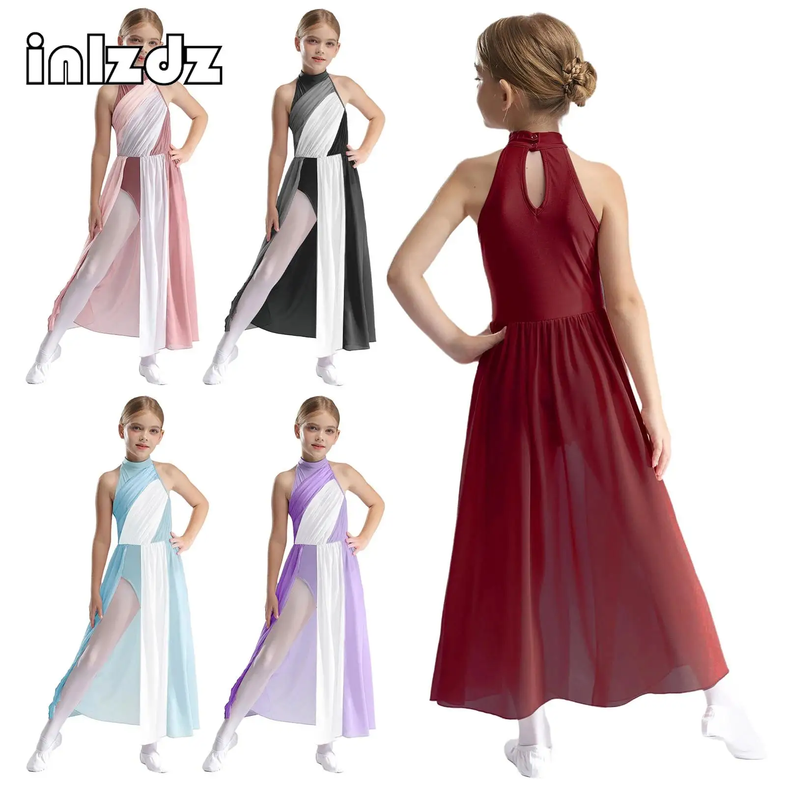

Kids Girl Lyrical Dance Performance Dress Color Block Sleeveless Mesh Split Ballet Gymnastics Leotard Figure Skating Costumes