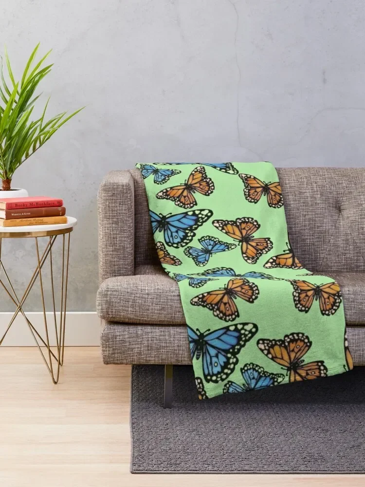 Blue and Orange Monarchs on Pastel Green Throw Blanket Beautifuls Summer Beddings Luxury Luxury St Blankets