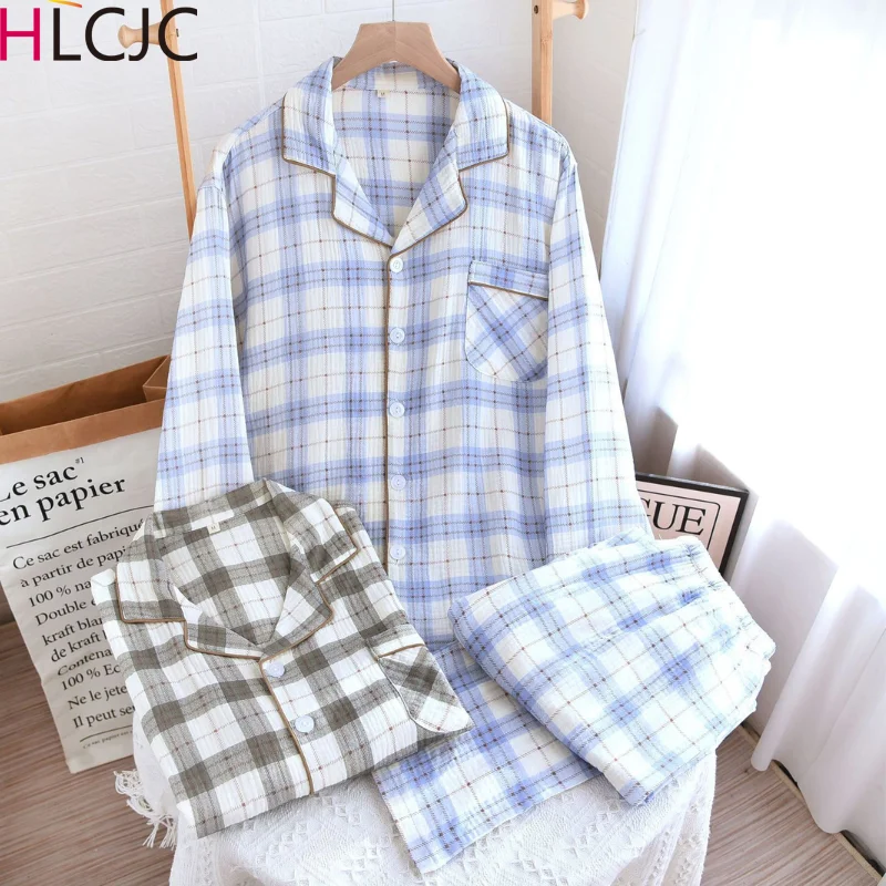 

Men's Lined Plaid Pajama Suit 100% Cotton Crepe Casual Pijama Set Long Sleeves Trousers Men Pyjama Autumn Men Sleepwear Pijamas