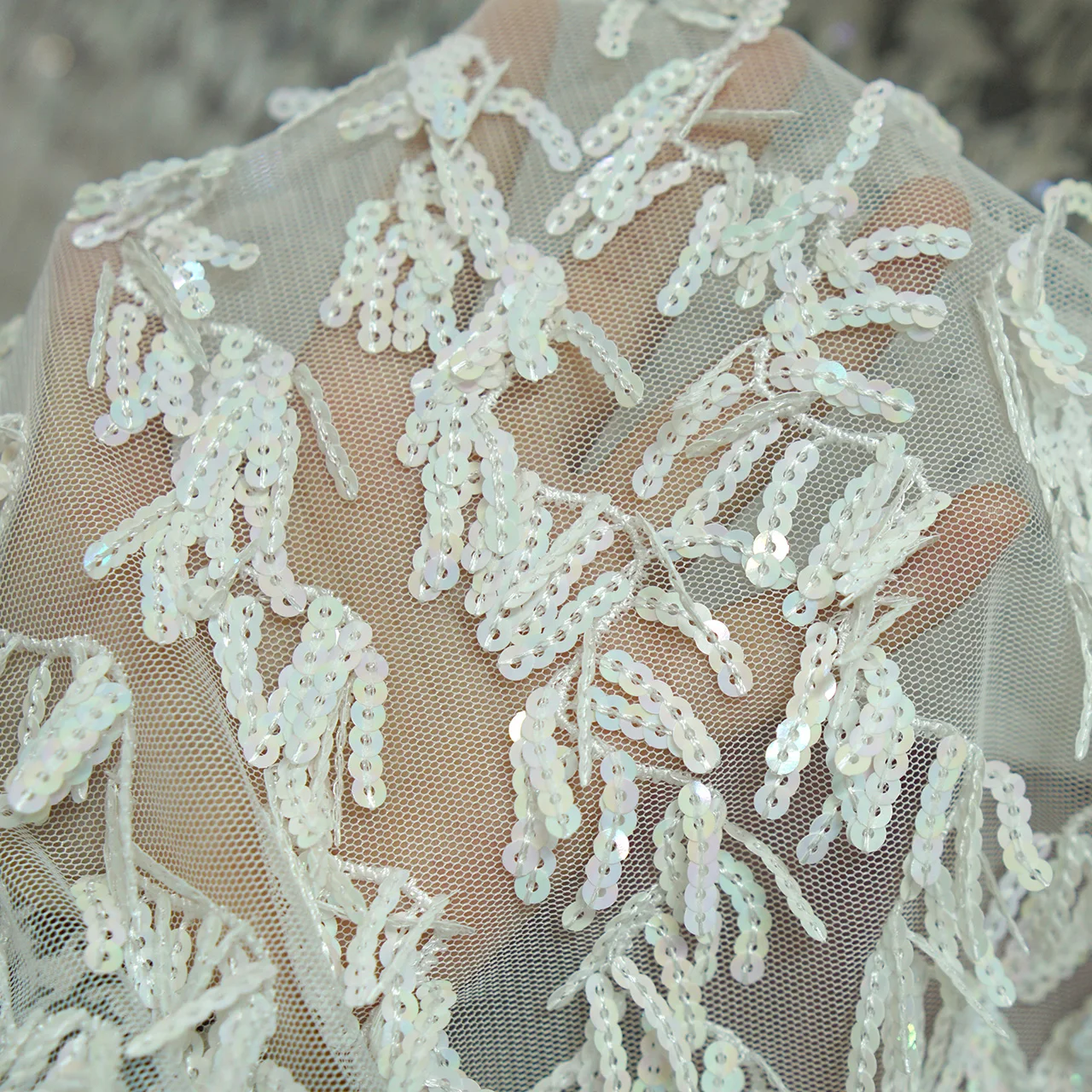 Luxury Leaf Vine Sequin Embroidered Mesh Fabric Romantic Lace Net for Wedding Formal Gown Elegant Couture Clothing Material