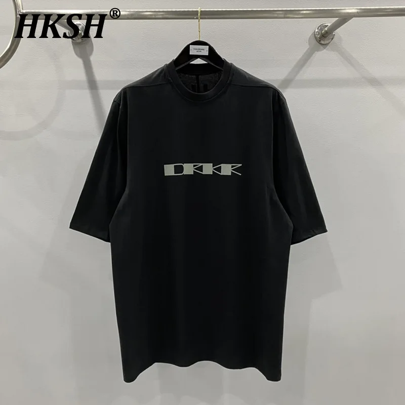 HKSH Summer New Men's Tide Streetwear T-shirt Letter Print Loose Casual Cotton Tees Dark Youth Collarless Chic T-shirts HK2007