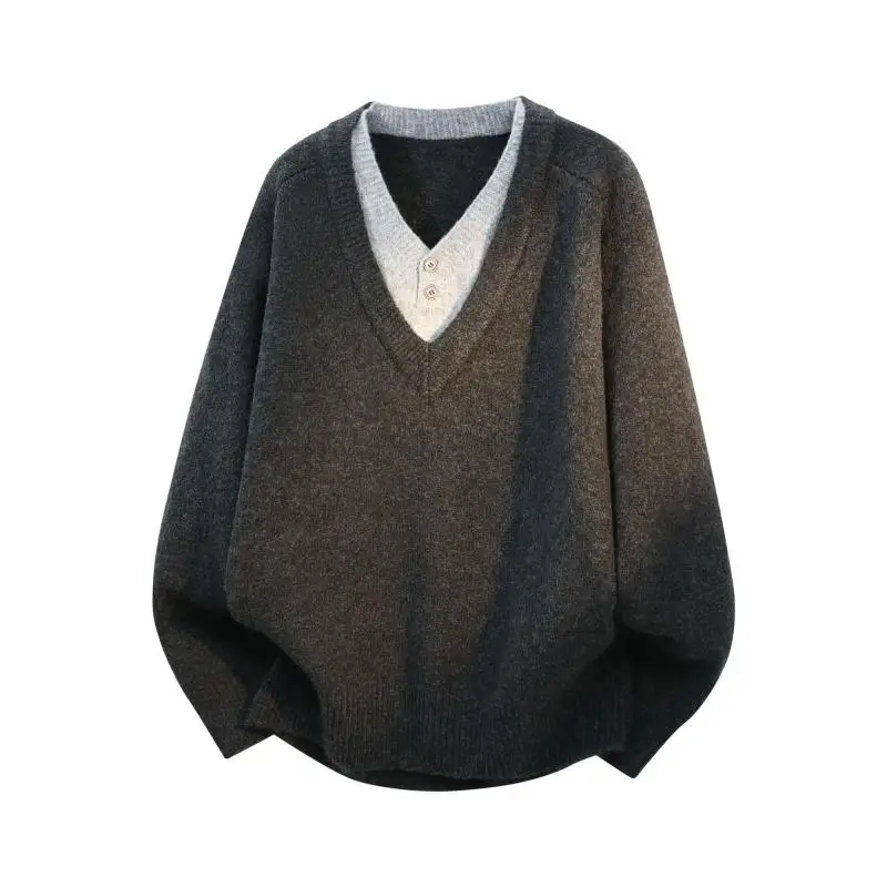

M-XXXL Men's Loose Fit V-Neck Sweater Fake Two Pieces Pullover Plain Color Casual Long Sleeve Knit Loungewear Top