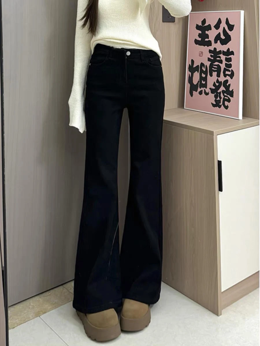 

Джинсы женские больших размеров с подкладкой, эластичные, деним, осенне-зимние, с высокой талией, прямые, слегка расклешенные, с эффектом «копыт»