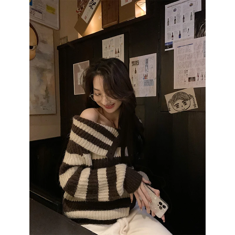 

oulder-baring Striped Sweater Turn-down Collar Long Sve Regular Fit Winter Commute Sle Women's Knitwear by Doupi