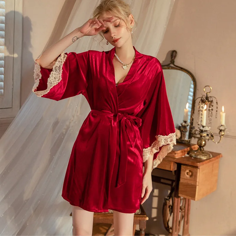 Women's Gold Velvet Bathrobe Sexy Autumn Winter Solid Lace Patchwork Kimono with Sashes Wedding Bride Robe for Female Nightwear
