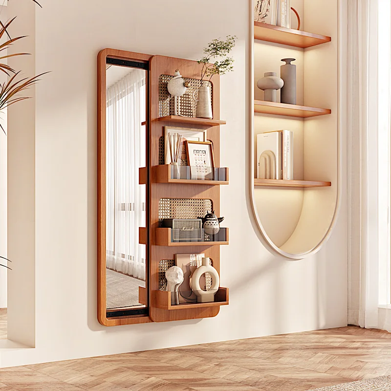 مرآة تخزين كاملة الجسم من الخشب الصلب، مرآة مكياج بسيطة، مرآة كاملة الطول لغرفة النوم الاسكندنافية، متعددة الوظائف، جدار إبداعي مخفي