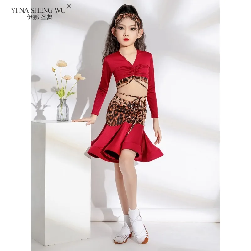 قاعة الرقص ليوبارد طباعة التانغو اللاتينية أزياء مسرحية للفتيات تشا تشا رومبا تنورة علوية للأطفال ممارسة الأطفال Dancewear #1