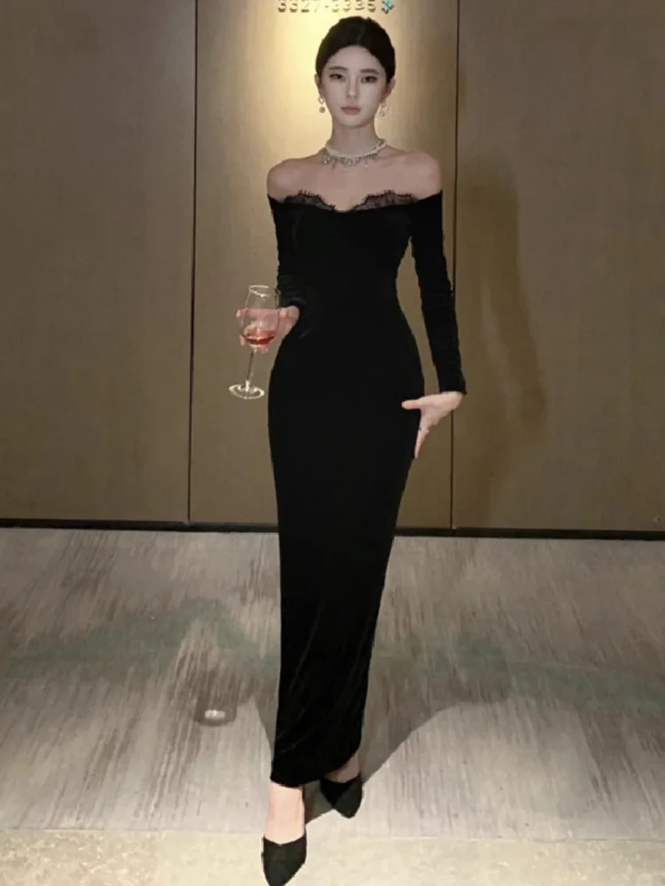 Topenomi Black Velvet Evening Dress Women Vintage Patchwork Lace Boat Neck Long Sleeve Waist Slim Cocktail Party Vestidos Robe