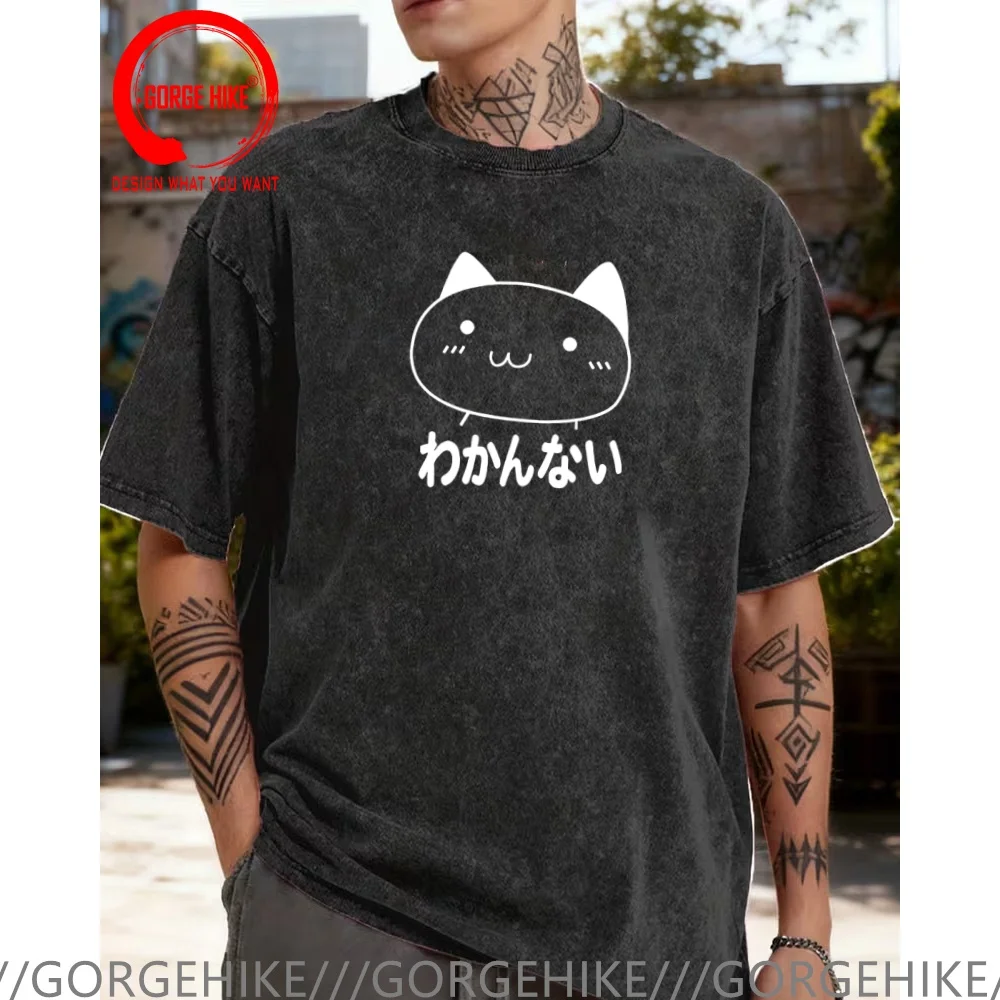Vintage Washed Cotton T-Shirt Funny Designer Japanese Kanji Cute Cat Face T Shirt Men Fashion Trendy Casual Clothing Stylish Top