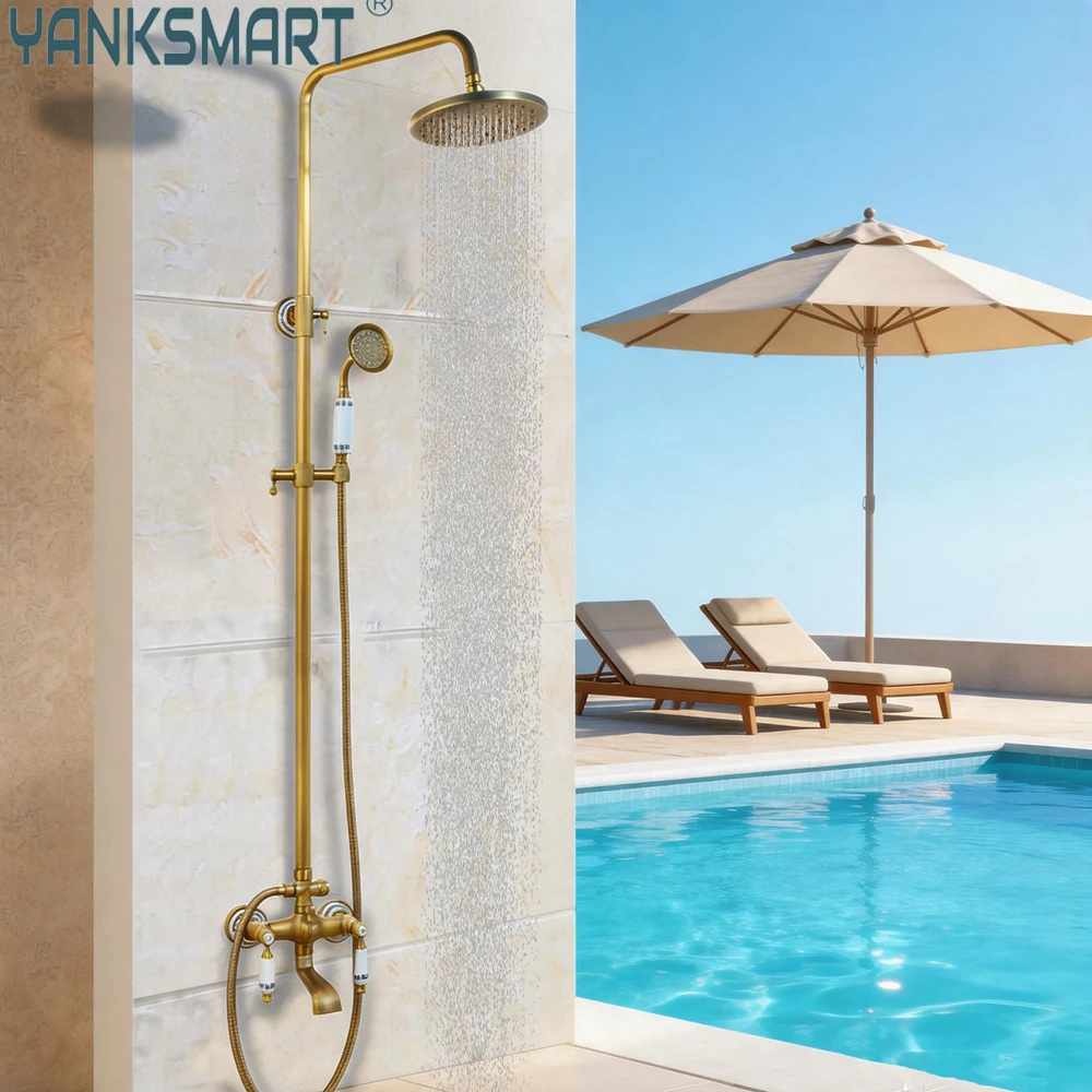 YANKSMART luxury Antique Brass Bathroom Shower System Set Wall Mount Rain Shower Head high quality outdoor faucet shower column