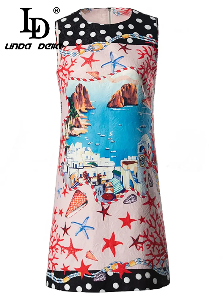 LD LINDA DELLA Summer Runway Fashion Dresses Women\'s Temperament Bohemian Polka Dot Beach Print Jacquard Sleeveless Tank Dresses