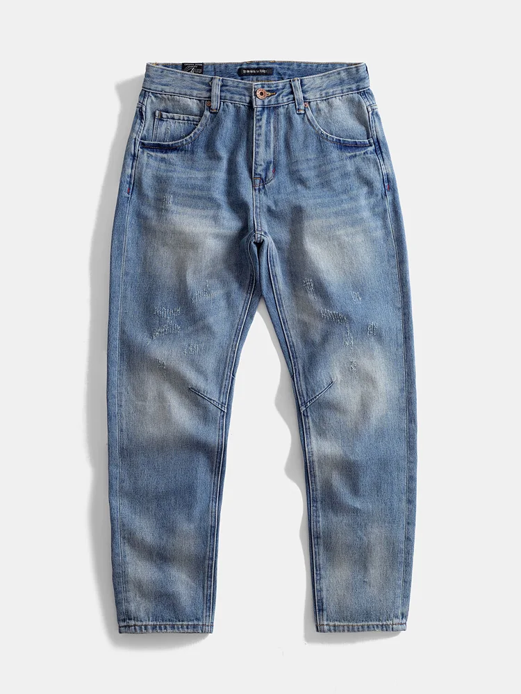 

Мужские повседневные джинсы из чистого хлопка в винтажном стиле, прямого кроя, для работы, светло-голубые