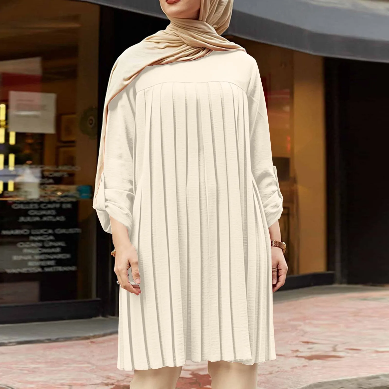 Muslim Pleated Blouse Dress For Girl Women Hot Tops Adjustable Sleeve Solid Color Shirt Islamic Wear Summer O-neck Streetwear