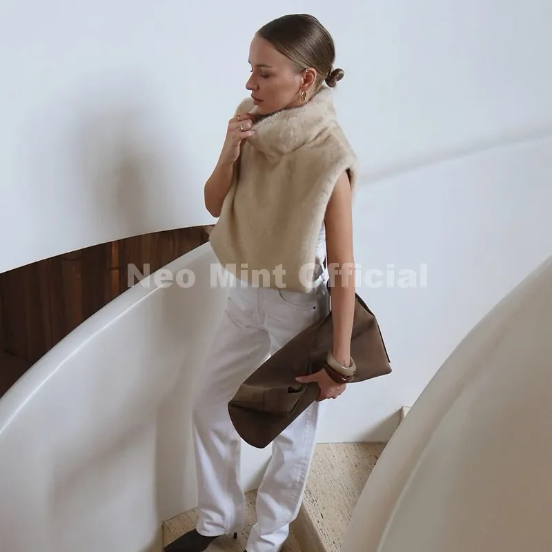 Neo Mint 2025 Brand Fashion Faux Fur Sable Vest Crop Top Autumn Winter Turtleneck Eco Mink Fur Tank Tops Sleeveless Jacket Coat