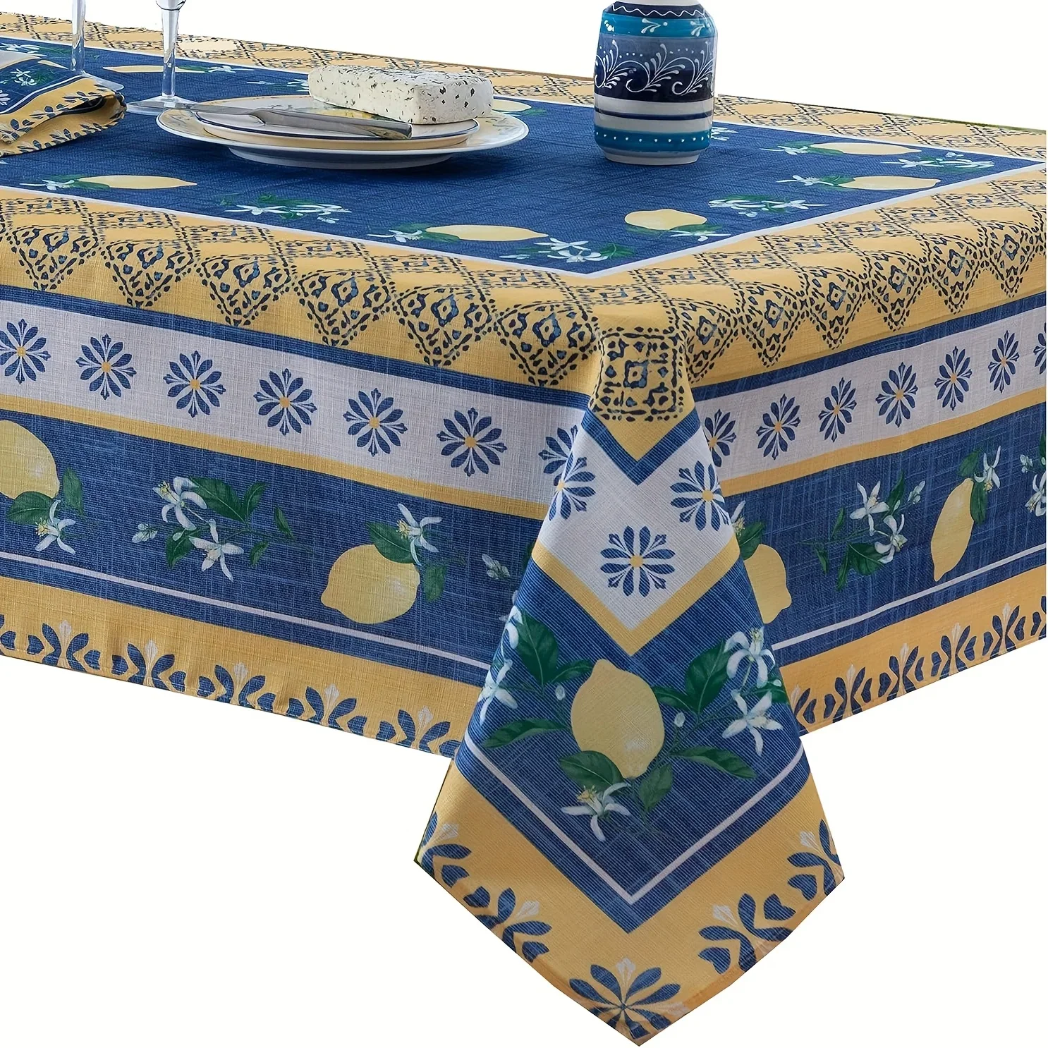 One piece of linen lemon Mediterranean garden French tablecloth, suitable for both indoor and outdoor usexzj
