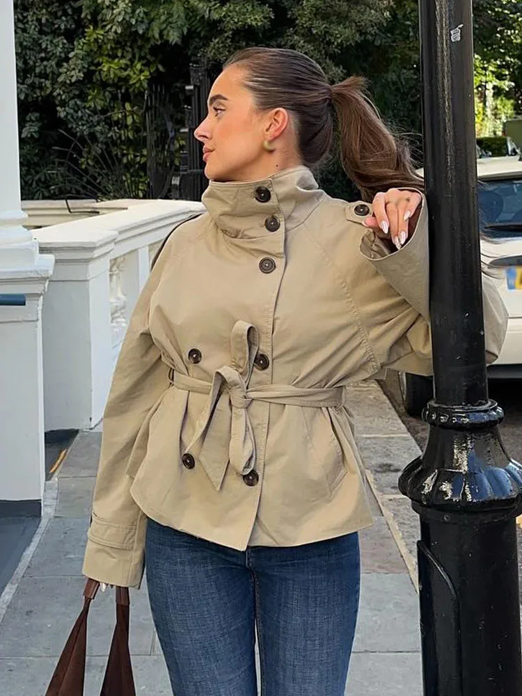 

HH Female New Fashion Pockets Double-breasted Lace-up Trench Coat Long Sleeve Jacket Women Autumn Casual Street Short Coat