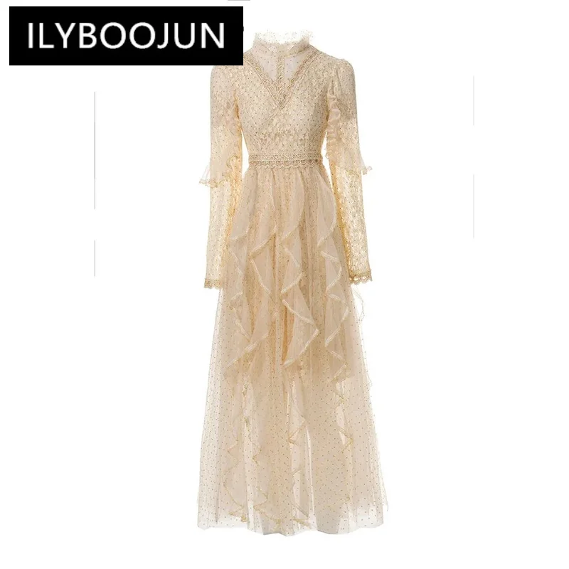 

ILYBOOJUN Fashion Designer High Quality Women Dress Vintage Princess Dot Print Embroidery Net Yarn Lace-up Ruffles Dresses