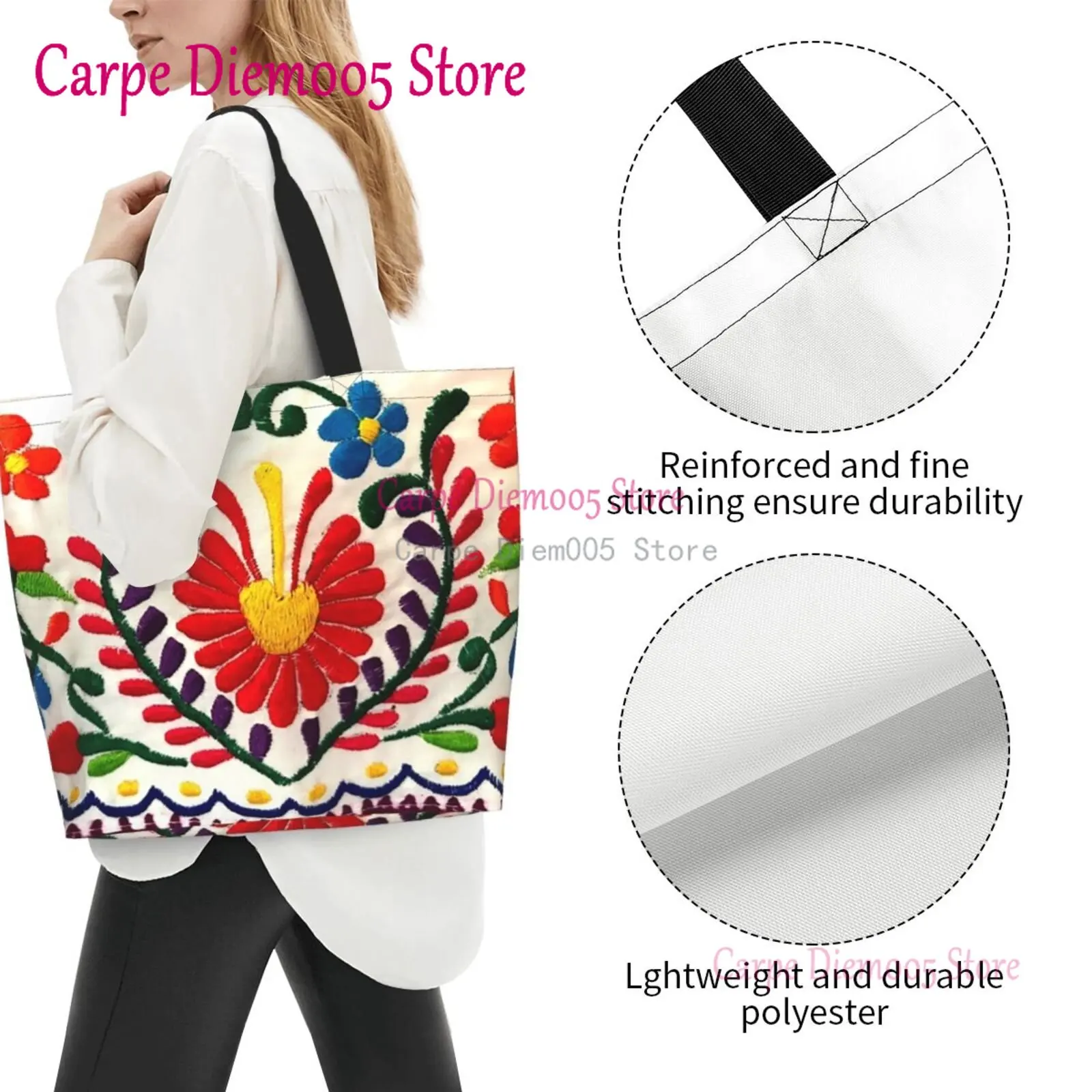 Women Shoulder Bag Mexican Flowers Large Capacity Shopping Grocery Tote Bag For Ladies