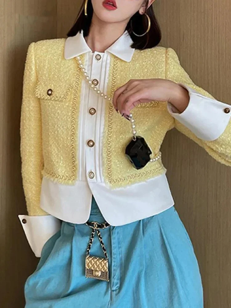 

Korean Fashion Yellow Tweed Jacket Coat Vintage Elegant Lady Long sleeved Outwear Jackets for Autumn Winter Women's Wear