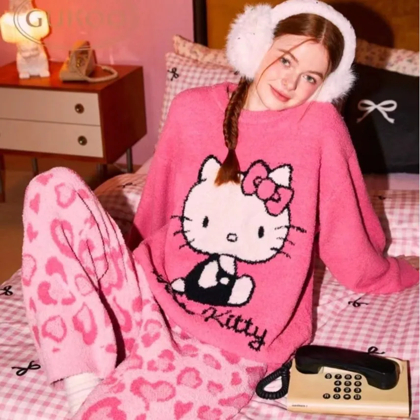 Sanrio Hello Kitty Cartoon Sweet Homewear Set of Autumn Winter Thickened Leisure Two-piece Cute KT Cat Can Go Out Pajamas Pants