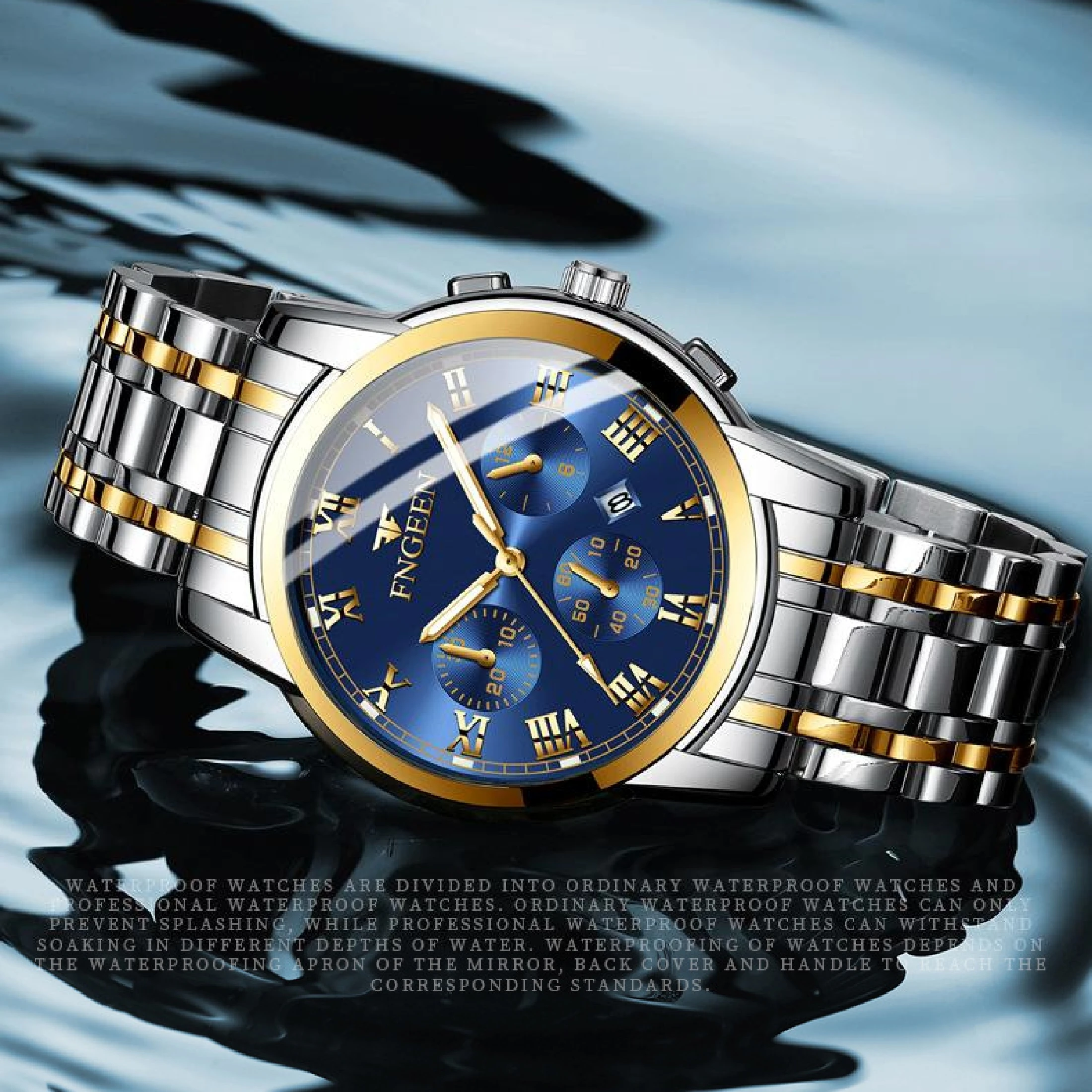 Men's stainless steel watch room gold strap blue dial Roman scale luminous pointer waterproof quartz watch 4006