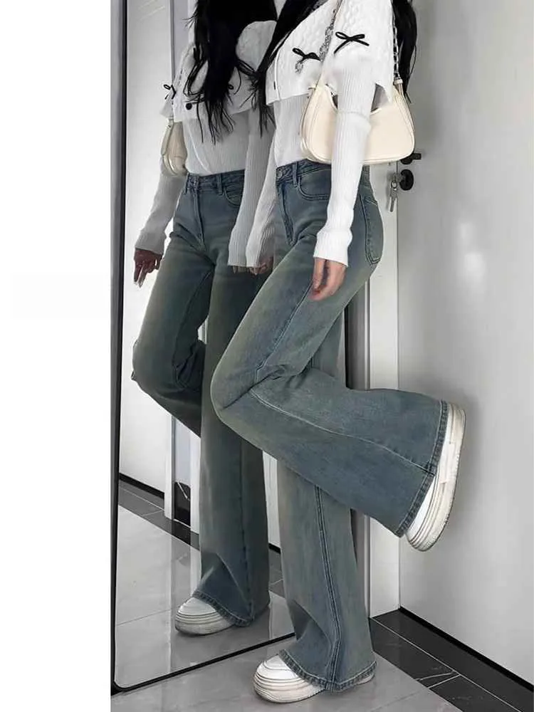 ريترو الأزرق Fce اصطف Thiened مايكرو متوهج الجينز المرأة الخريف الشتاء حجم كبير التخسيس عالية الخصر مطاطا سليم صالح الجينز #3