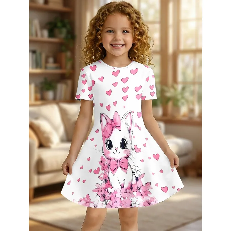 Niedliches Katzen- und Rosa-Herz-Motiv Bedrucktes T-Shirt-Kleid, Kinder-Tierliebhaber Blumen-Freizeitkleid Geeignet für Geburtstagsgeschenke – Detail 3