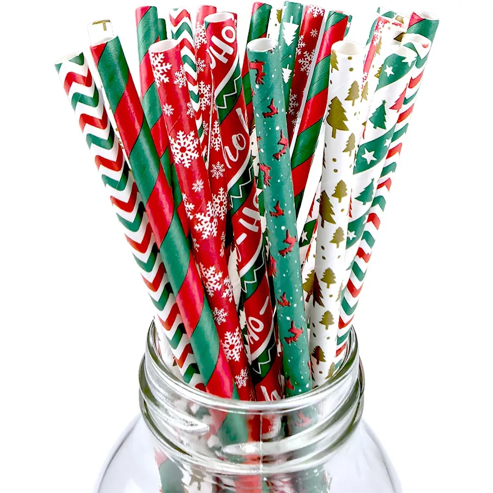 50/100/200/400pcs Christmas Theme Party Paper Straws Cartoon Christmas Tree Snowflake Dots Pattern Disposable Drinking Straw