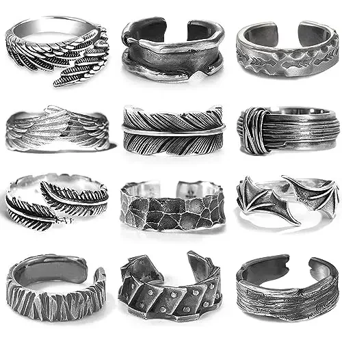 

12Pcs Vintage Rings for Men Cool Adjustable Angel Wings Ring Goth Punk Open Ring Set