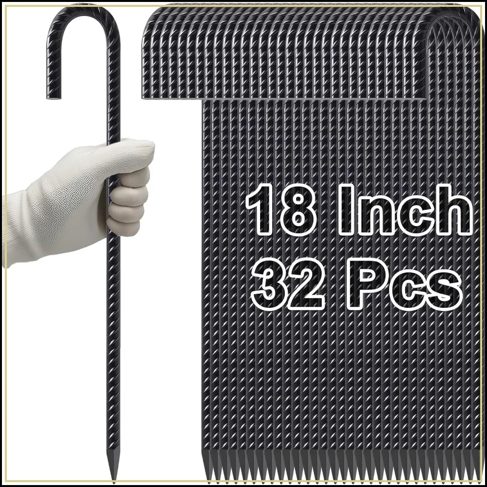 

32-Pack 18 Inch J Hook Heavy Duty Ground Anchors, 3/8" Diameter Metal Steel Fence Stakes with Chisel Point for Greenhouse, Gazebo, Carport, Camping Tents