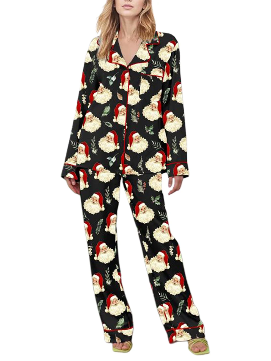 Women Christmas Pajama Set Santa Claus Print Long Sleeve Shirt with Pants Sleepwear Loungewear