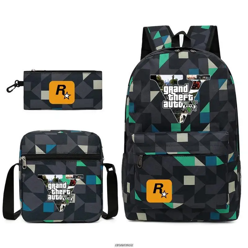 Gta5 3 pçs jogos mochila grande roubo automóvel lona crianças mochila de volta para a escola bookbag meninos meninas capacidade saco viagem