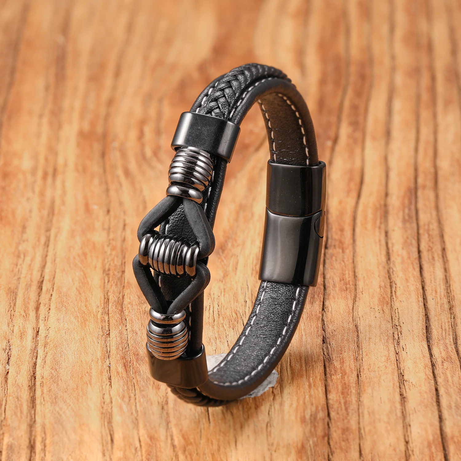 Geometric Design Bracelet for Men Sporty Stainless Steel Leather Cord Modern Style Daily Wear Pulseras Hombre