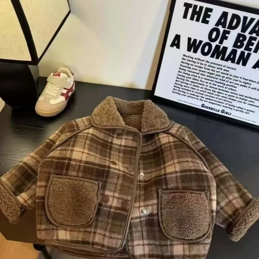 Boys Coat Autumn and Winter One-piece Fleece New Children's Baby Warm Plaid Jacket 80-140CM