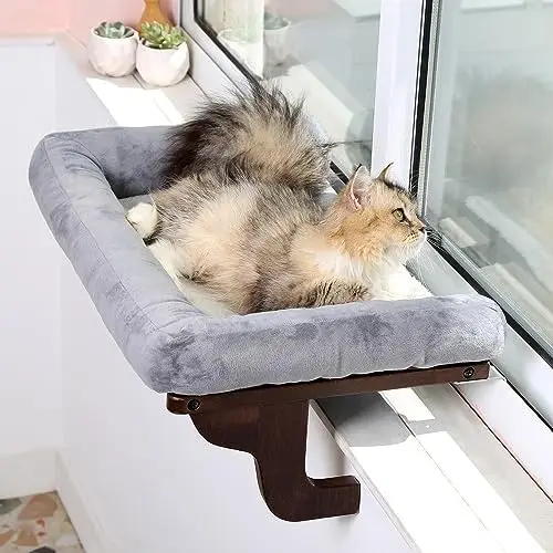 

Zakkart Cat Window Perch with Orthopedic Hammock - Premium Hardwood & Metal Frame for Large Cats & Kittens - 24” Grey