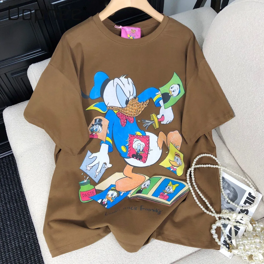 Autumn and Winter New Retro Trendy Cool Fashion Cartoon Diamond-encrusted Duck Print Loose Cotton Short-sleeved T-shirt Women