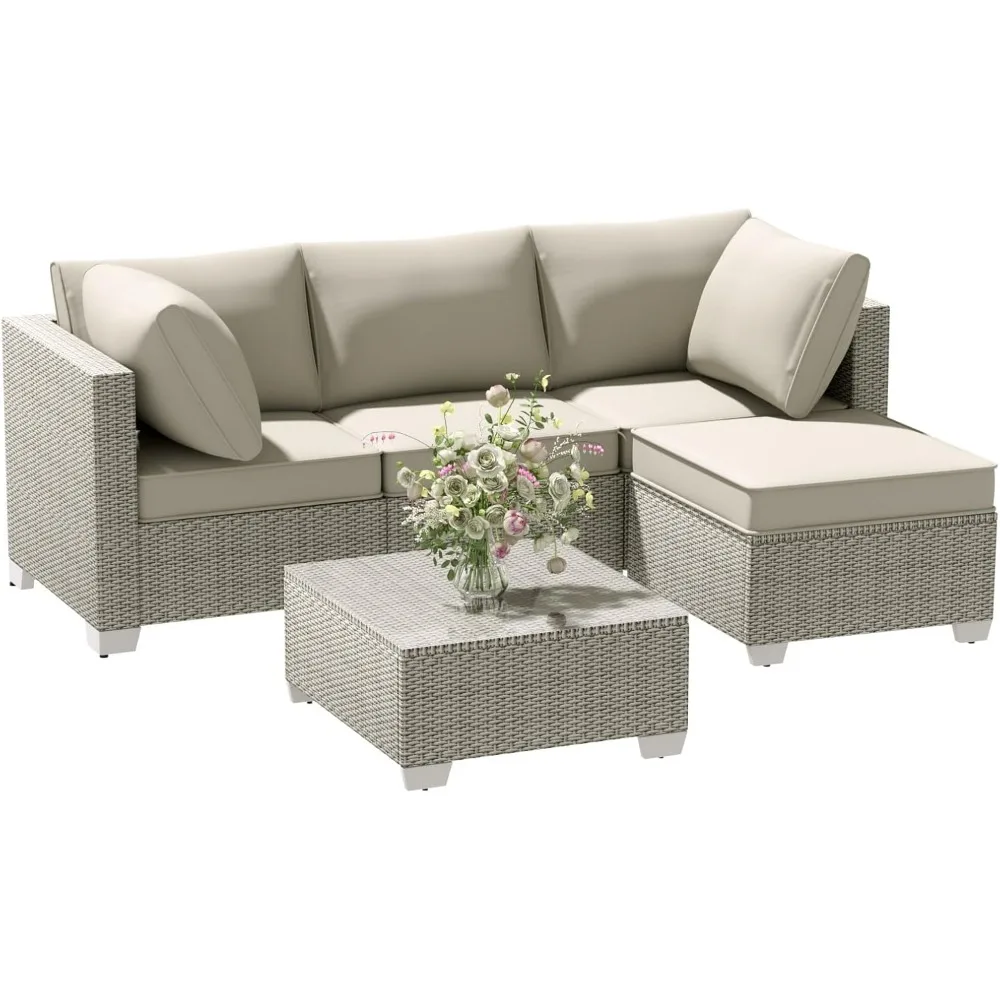 

5 Piece Outdoor Patio Furniture Set with Ottoman & Tempered Glass Table - Rattan 3-Seater Patio Sectional Furniture Couch Set, O