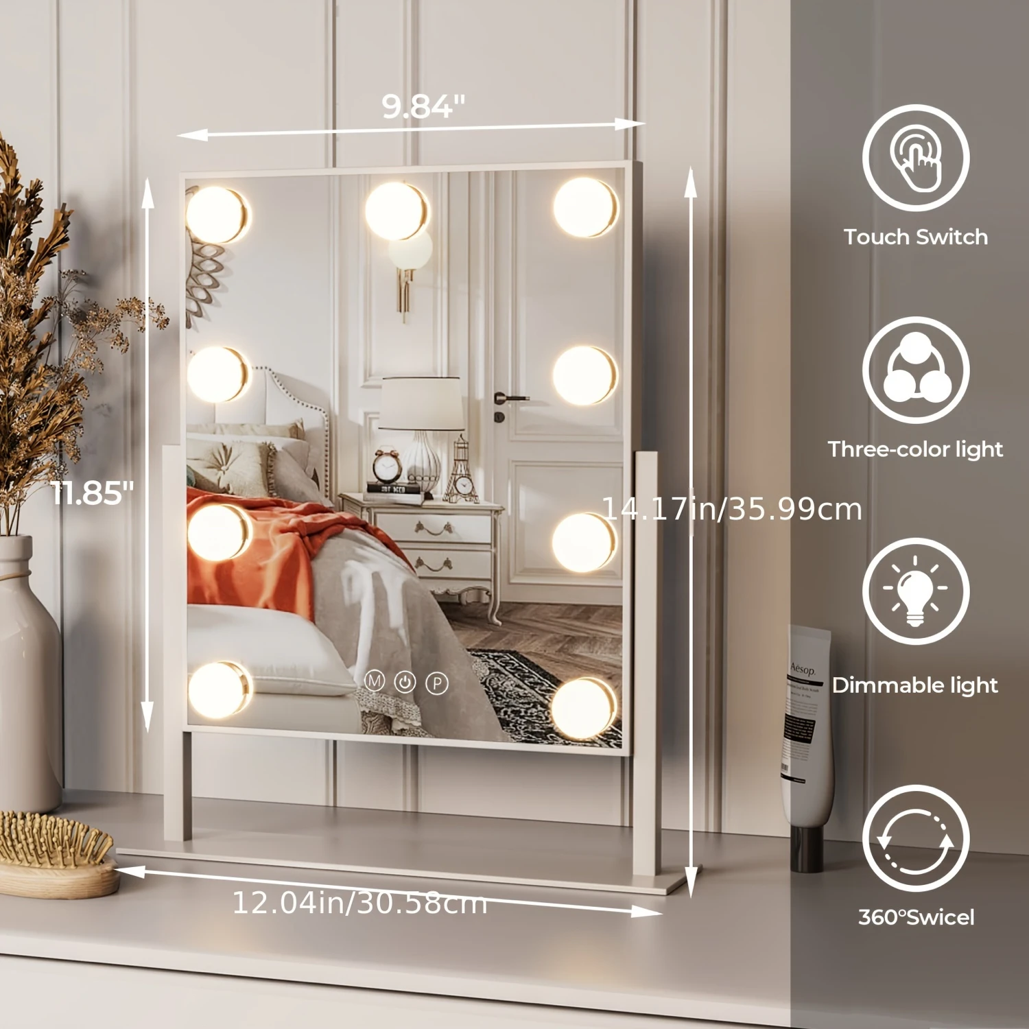 Stijlvolle JFOSUP verlichte make-upspiegel met 10x vergroting, slimme dimbare verlichting en 360° °   Rotatie, perfecte make-upspiegel tbv