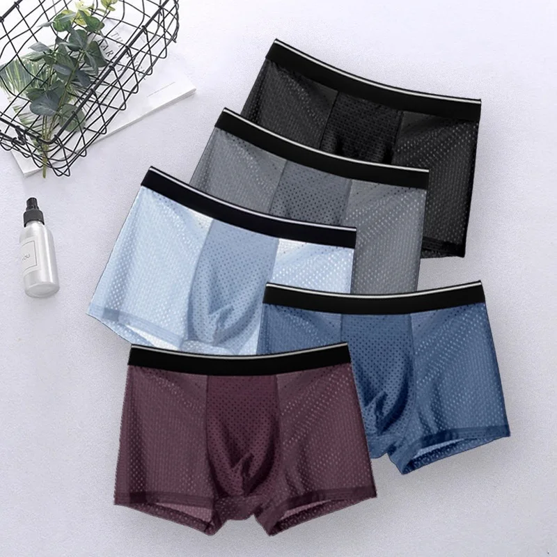 4Pcs/Men\'s Shorts Ice Mesh Underwear Sexy Boxer Elastic Shorts Super Breathable Sweat Antibacterial Underwear Men Plus SizeL-5XL