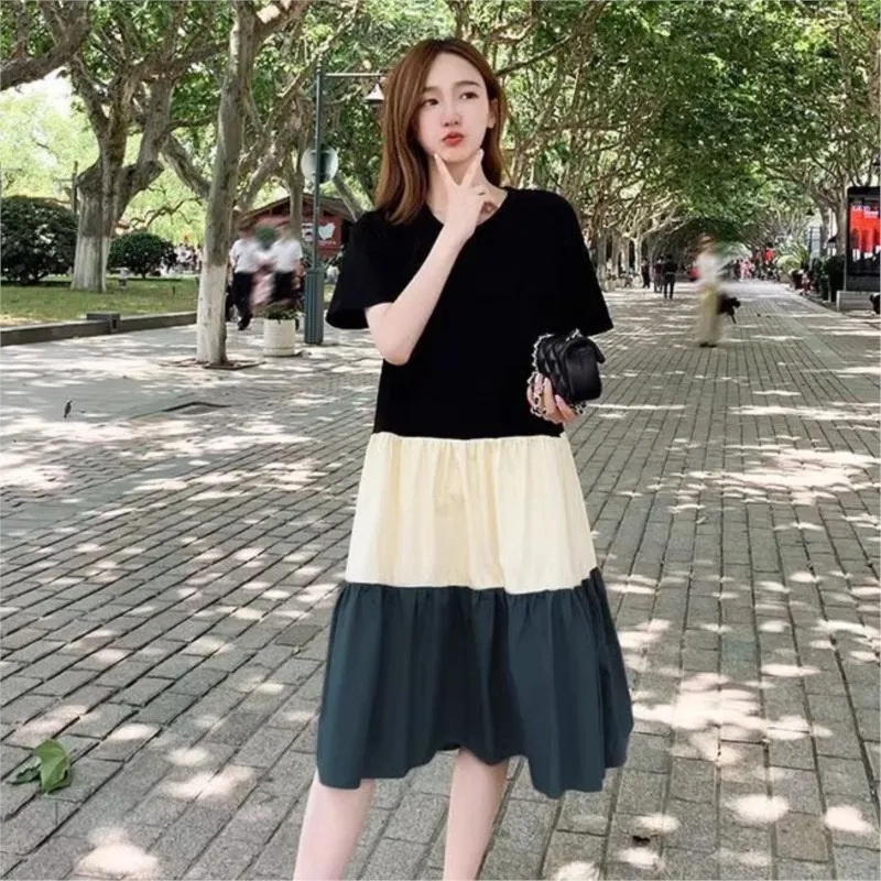 Women Vintage Patchwork Mini Dresses Summer Casual Short Sleeve Pleated Dress Y2k Female Loose O Neck Streetwear Dress NS5678