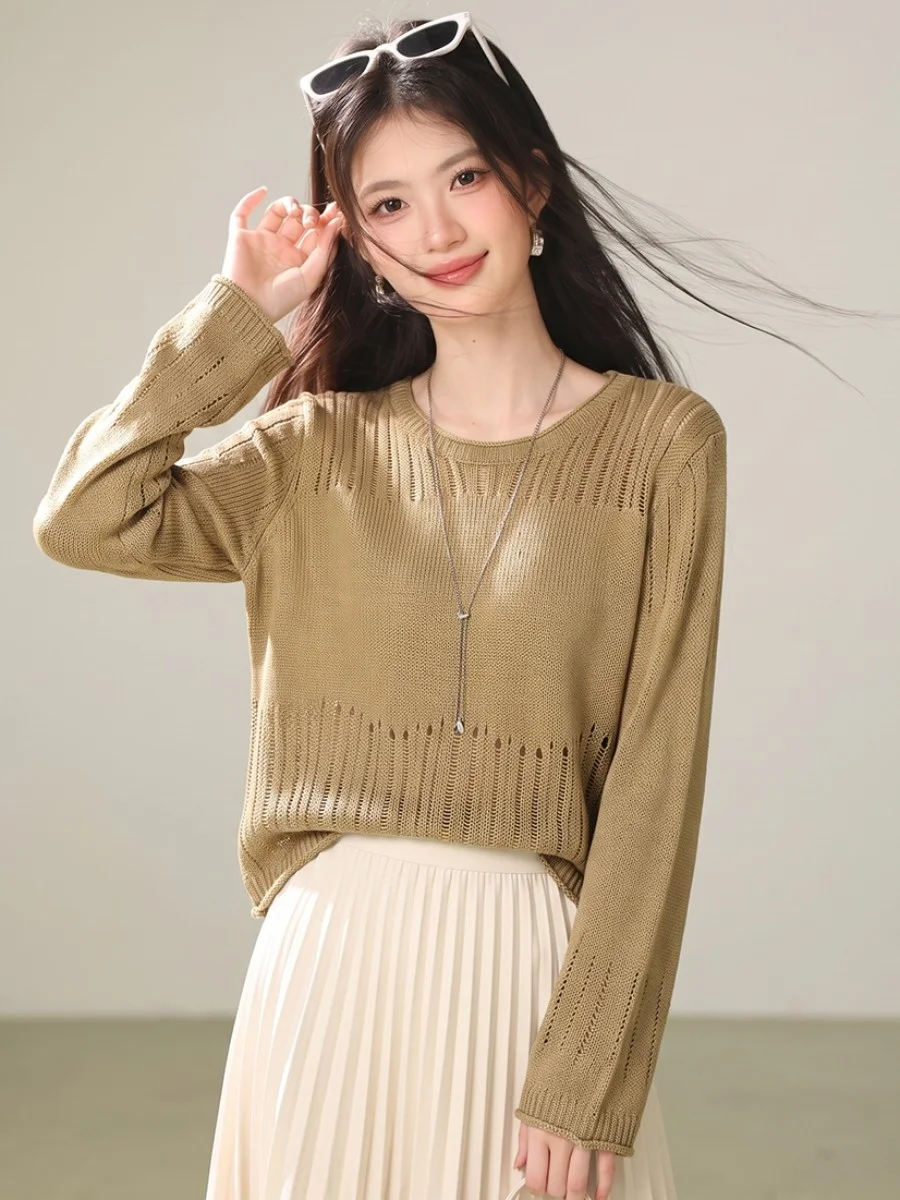 Soft round Neck Hollow Knitted Sweater Women's Slim Fit Short Thin Long Sleeve Base Layer Knitwear Beige Light Brown